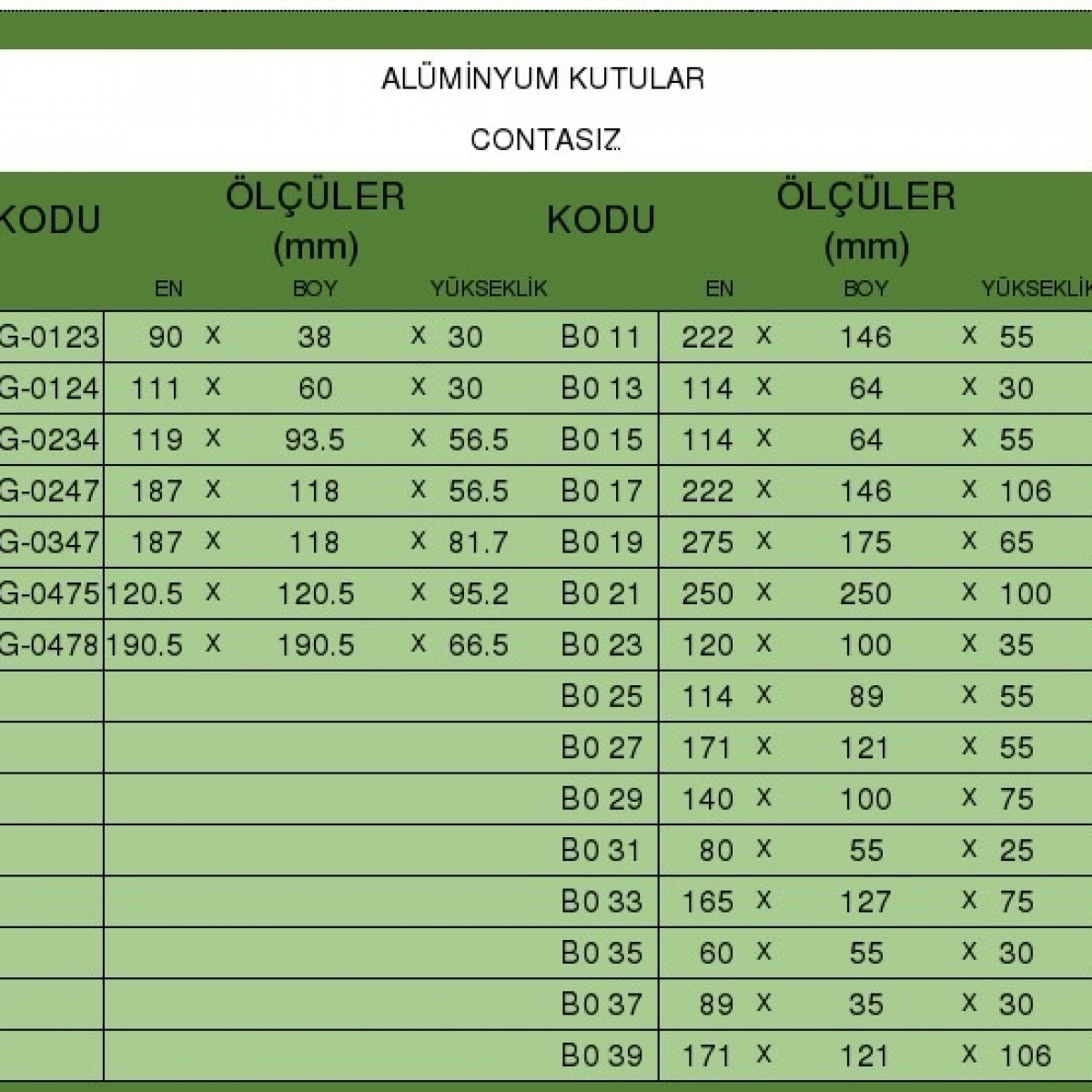 ALÜMİNYUM KUTU ÖLÇÜLERİ